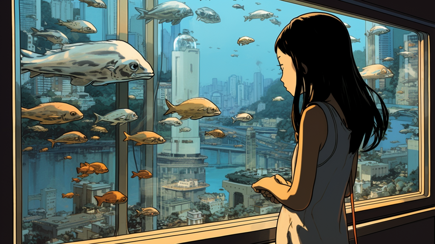 Image generated with Midjourney. A girl in front of a window, looking at fish swimming outside.